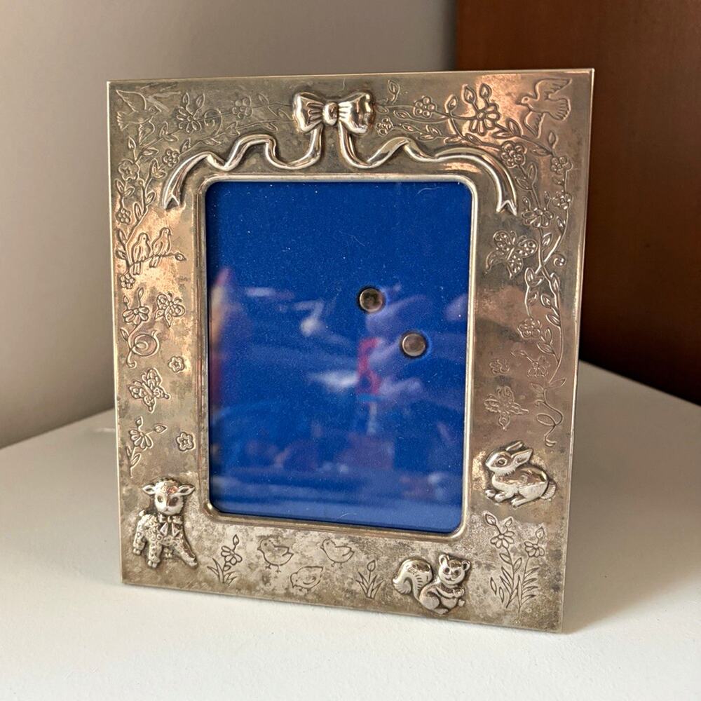 Silver Metal Engraved Floral Bunny Photo Frame 3x4 Nursery Freestanding Glass